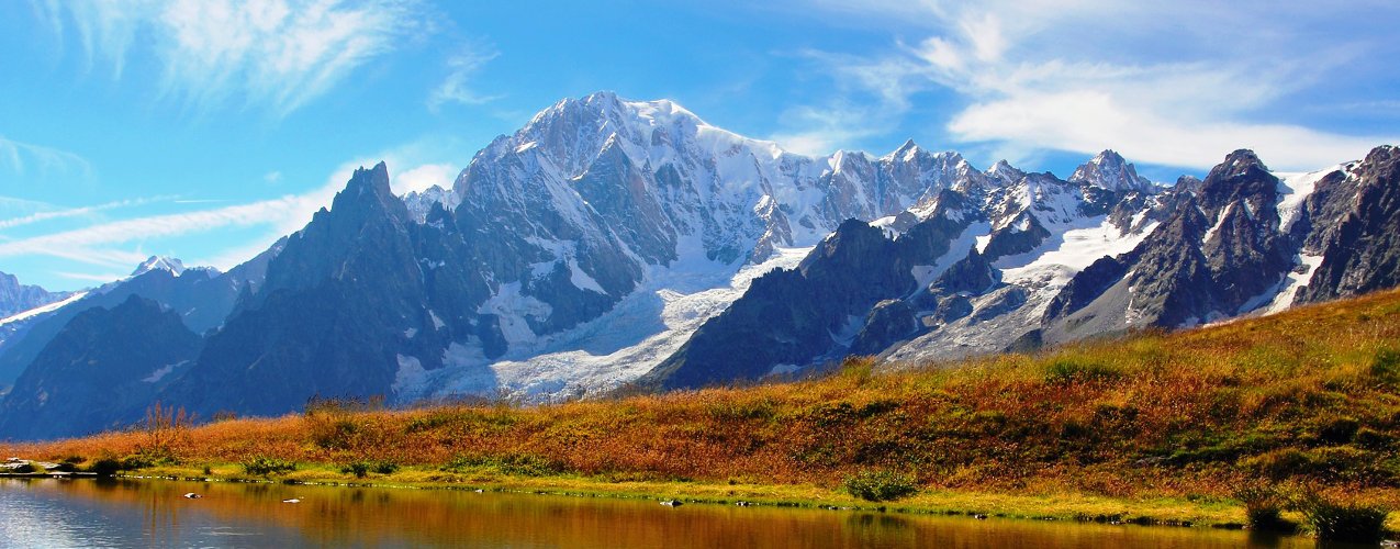 Panoramic view from Lago Checrouit across Val Veny towards the dramatic Italian face of Mont Blanc