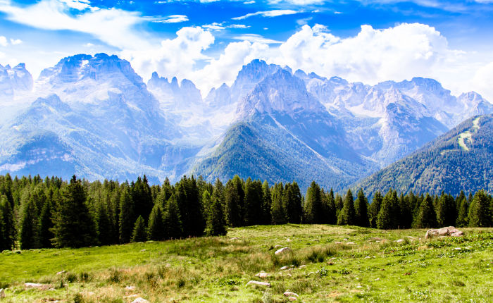 Panoramic view of the Brenta Dolomites captured from a hiking trail on the Presanella range