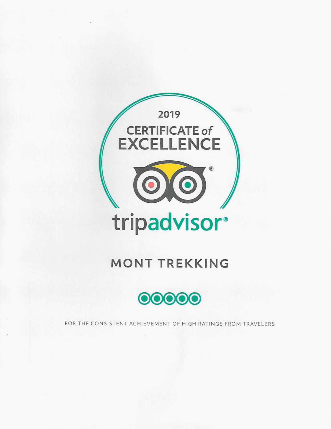MONT Trekking TripAdvisor Certificate of Excellent 2019